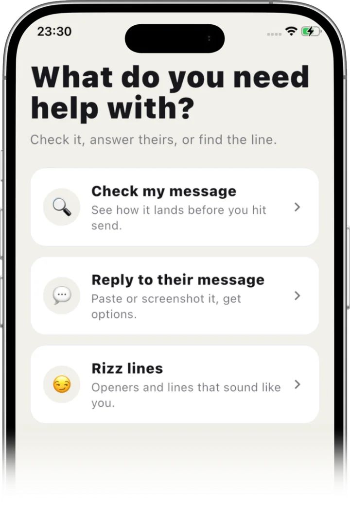 Chakam's Reply tab: check my message, suggest a better reply and rizz lines