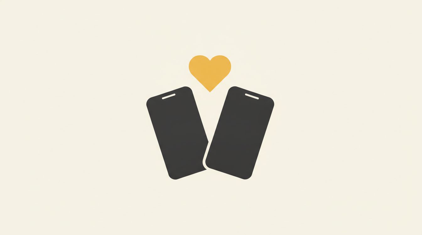 Two phones tilted toward each other with a heart above the gap between them, illustrating AI apps for couples