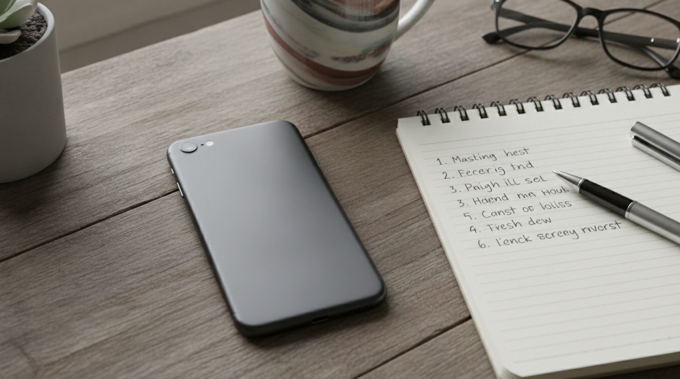 A phone face down beside a notebook with a half-written list, on a quiet wooden desk