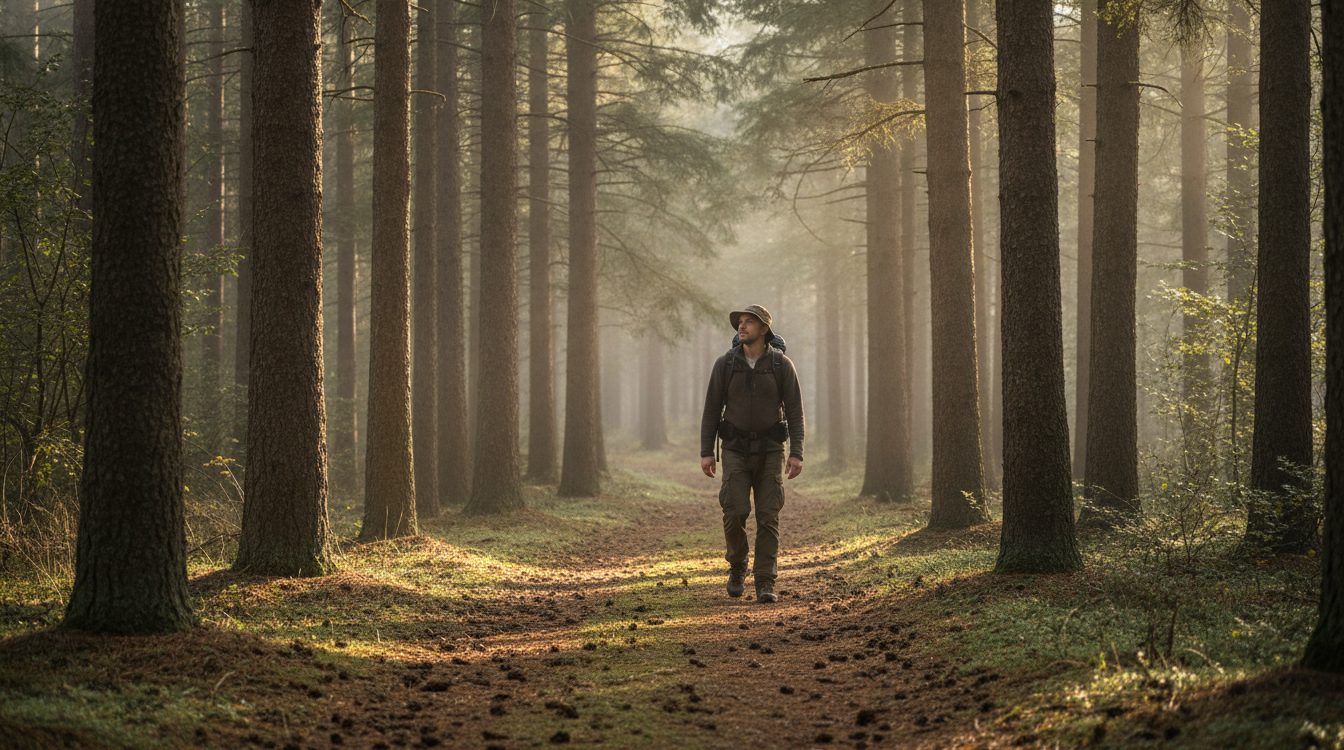A hiker walking at an easy pace along a pine forest trail in morning light