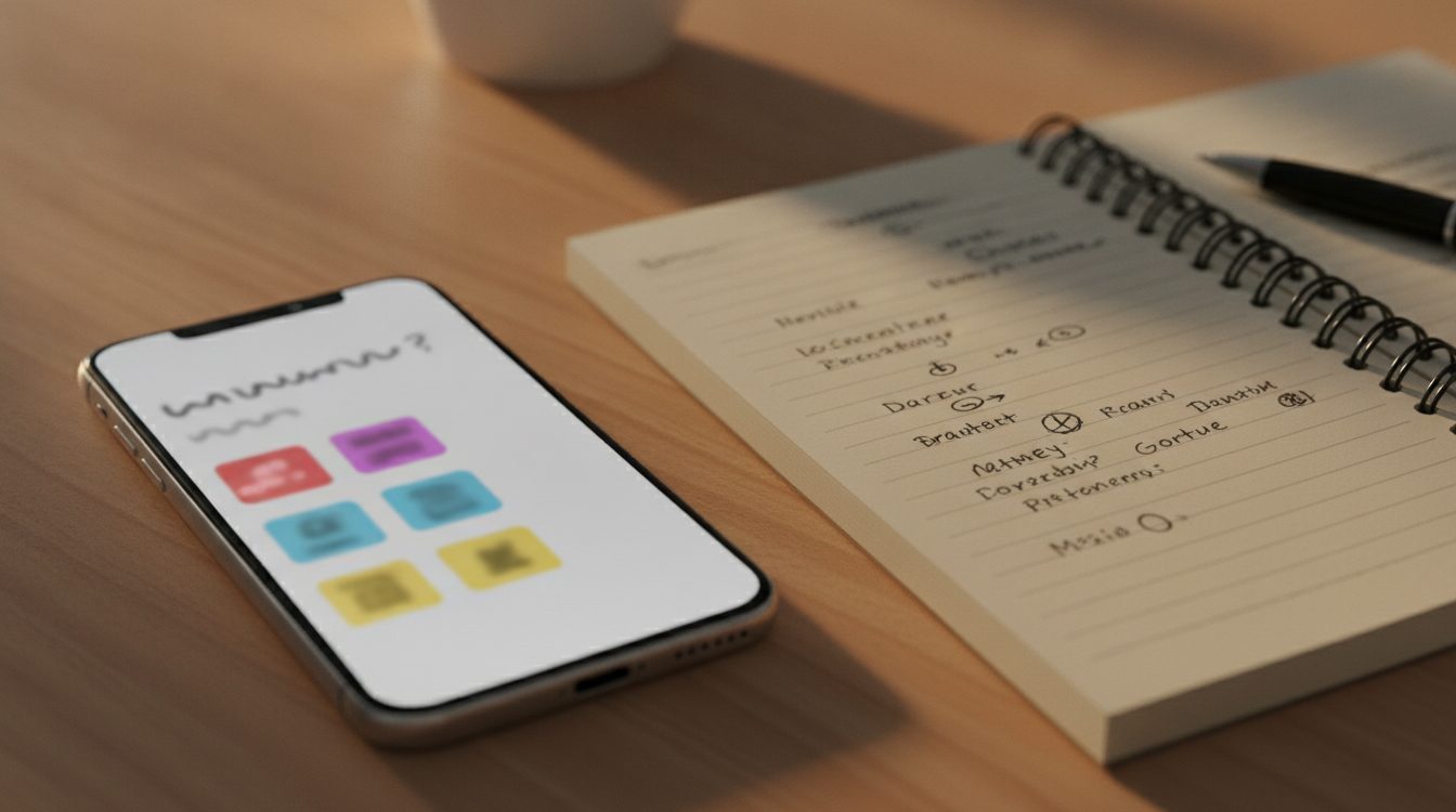 A phone showing a quiz question beside a notebook with handwritten notes from a conversation, on a wooden desk