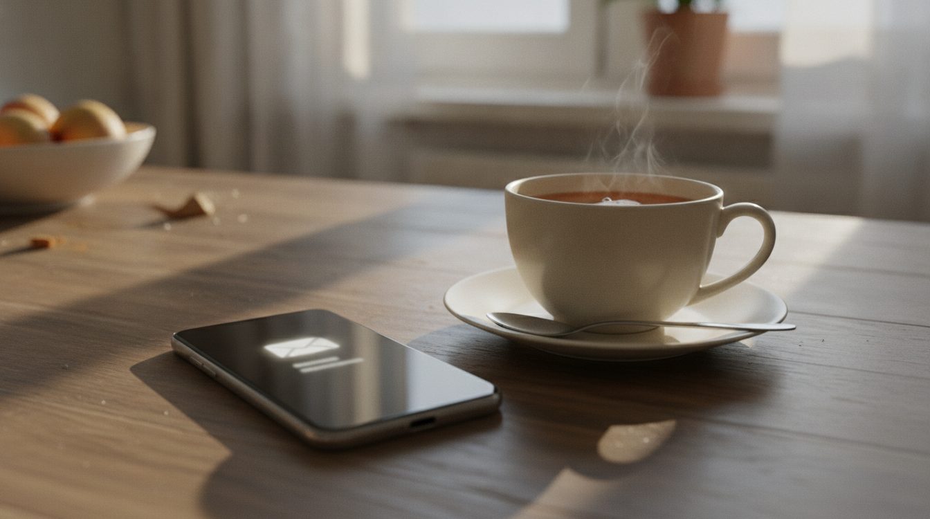 A phone lying face up on a wooden table beside a steaming cup of tea, waiting for a reply