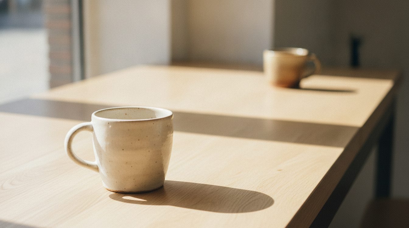 Two coffee mugs on a sunlit wooden table with a wide gap between them, the distance an avoidant attachment partner keeps