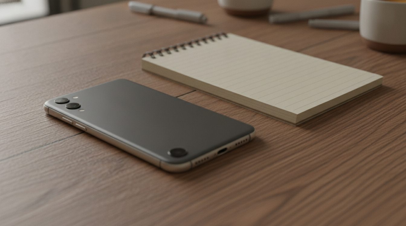 A phone lying face down on a wooden table beside a notepad and a pen, ready for a fair comparison