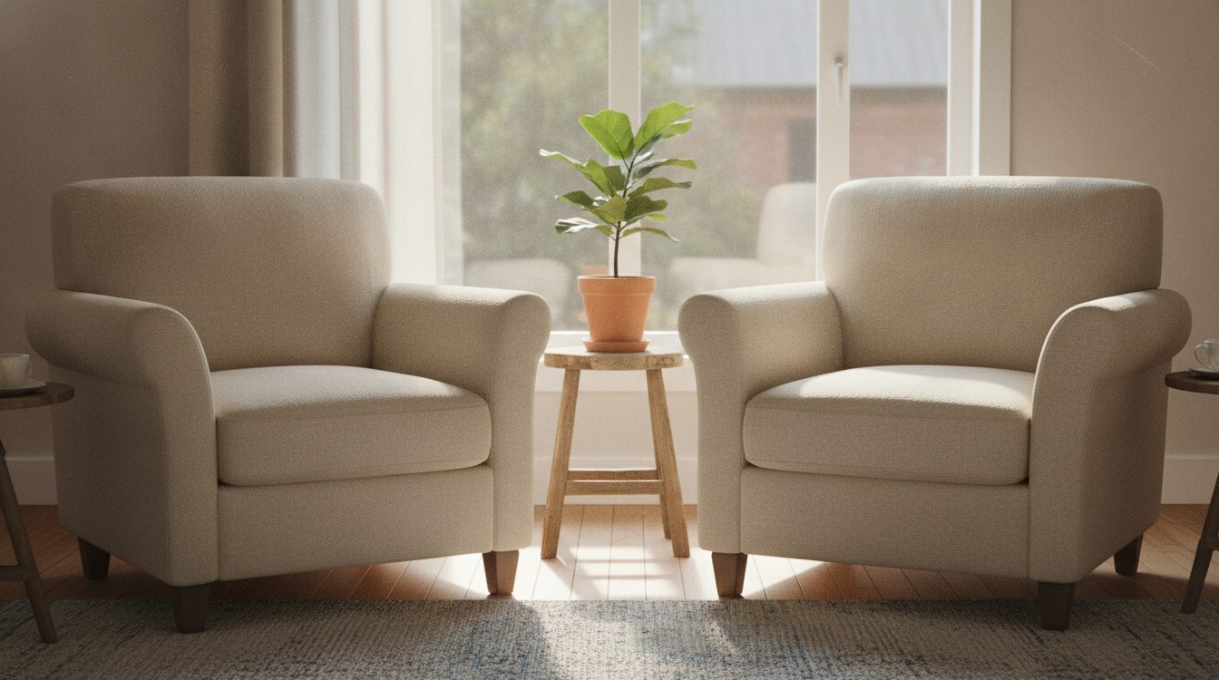 Two chairs facing each other by a window with a small plant between them, a calm space for a conversation