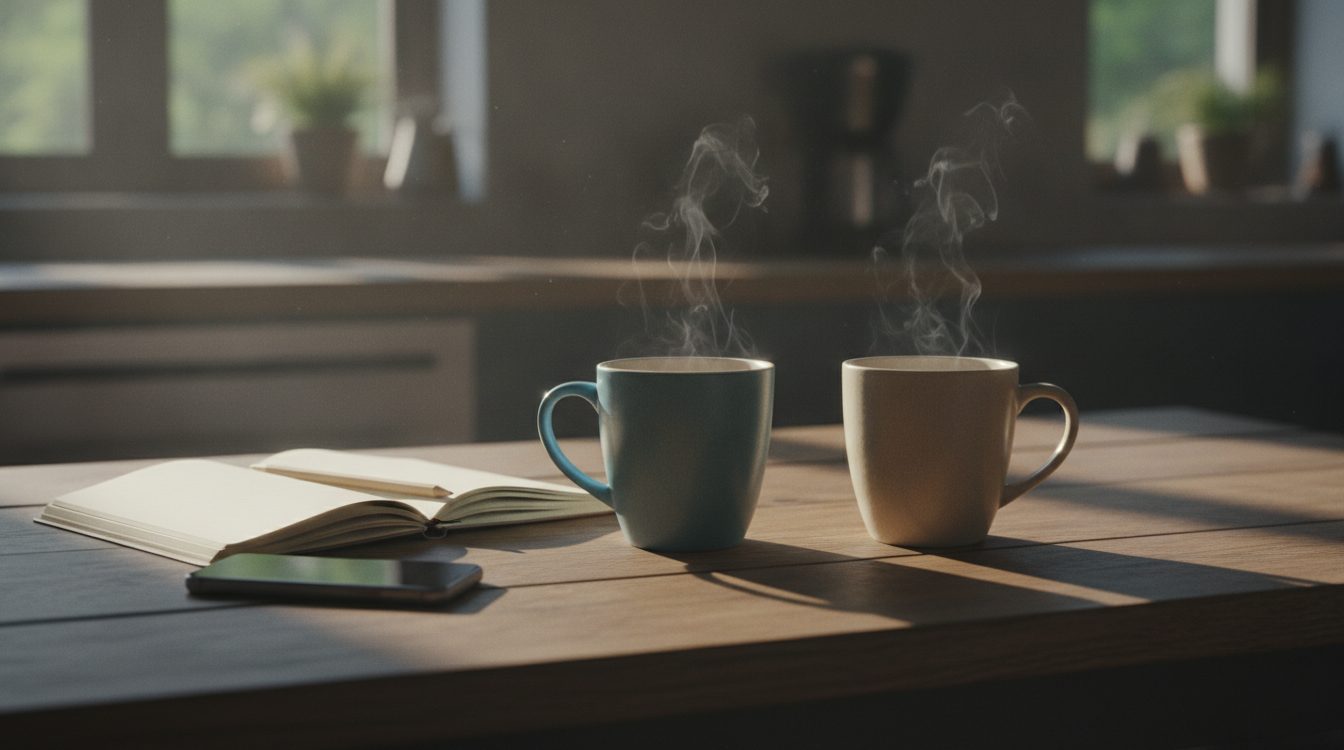 Two mugs on a kitchen table beside a phone and a notebook, a relaxed and thoughtful morning