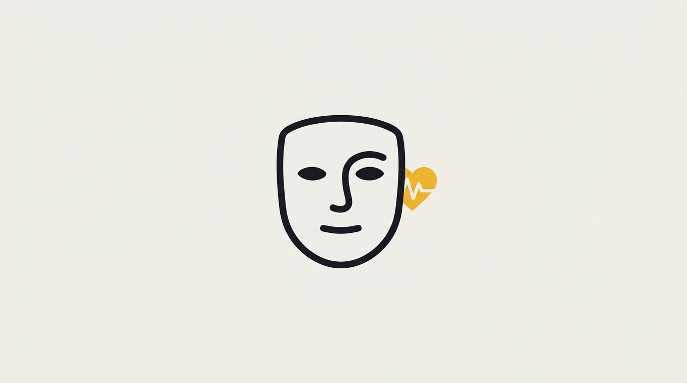 Illustration of a calm mask-like face icon with a small, real anxious signal hidden just behind it, representing masked attachment need