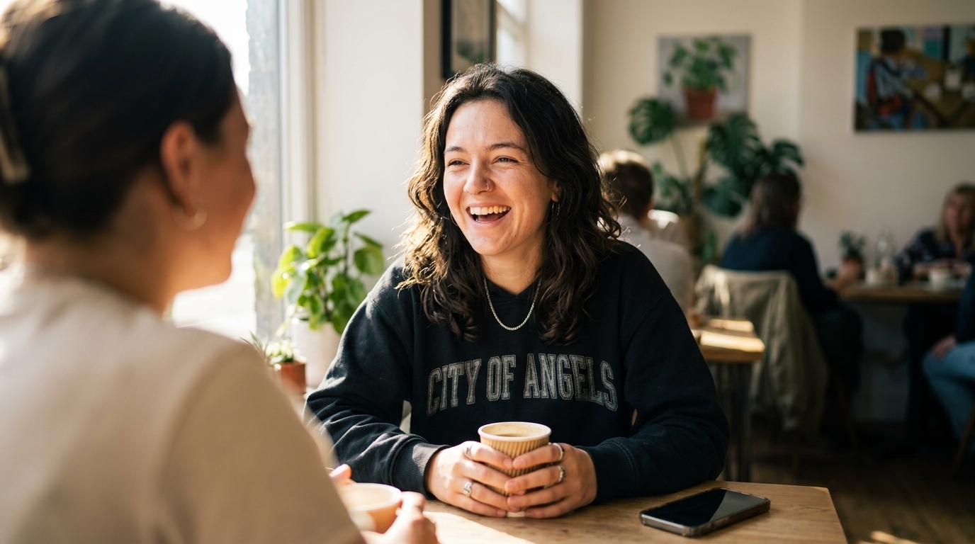 Two friends laughing together at a café table, phone face-down and forgotten beside them