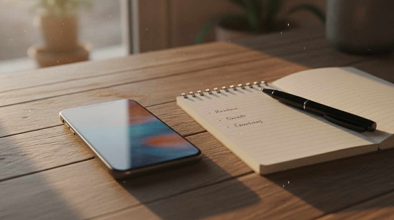 A phone and a notebook on a wooden desk with a small plant, suggesting a quiet moment of reflection