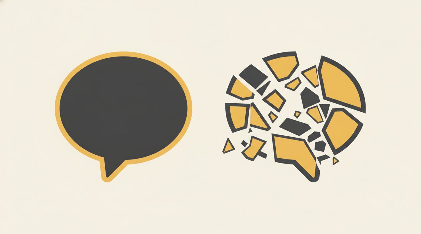 A whole speech bubble beside the same bubble shattered, showing how gaslighting in text breaks up what was said