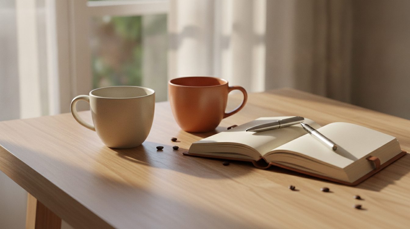 Two coffee cups on a bright wooden table beside an open notebook, a calm and friendly moment