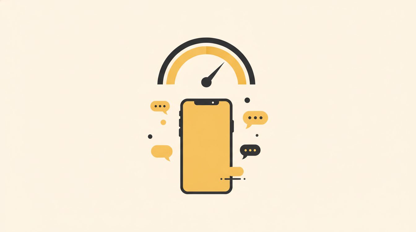 A phone with a chat screen and a small balance scale icon hovering above the message bubbles