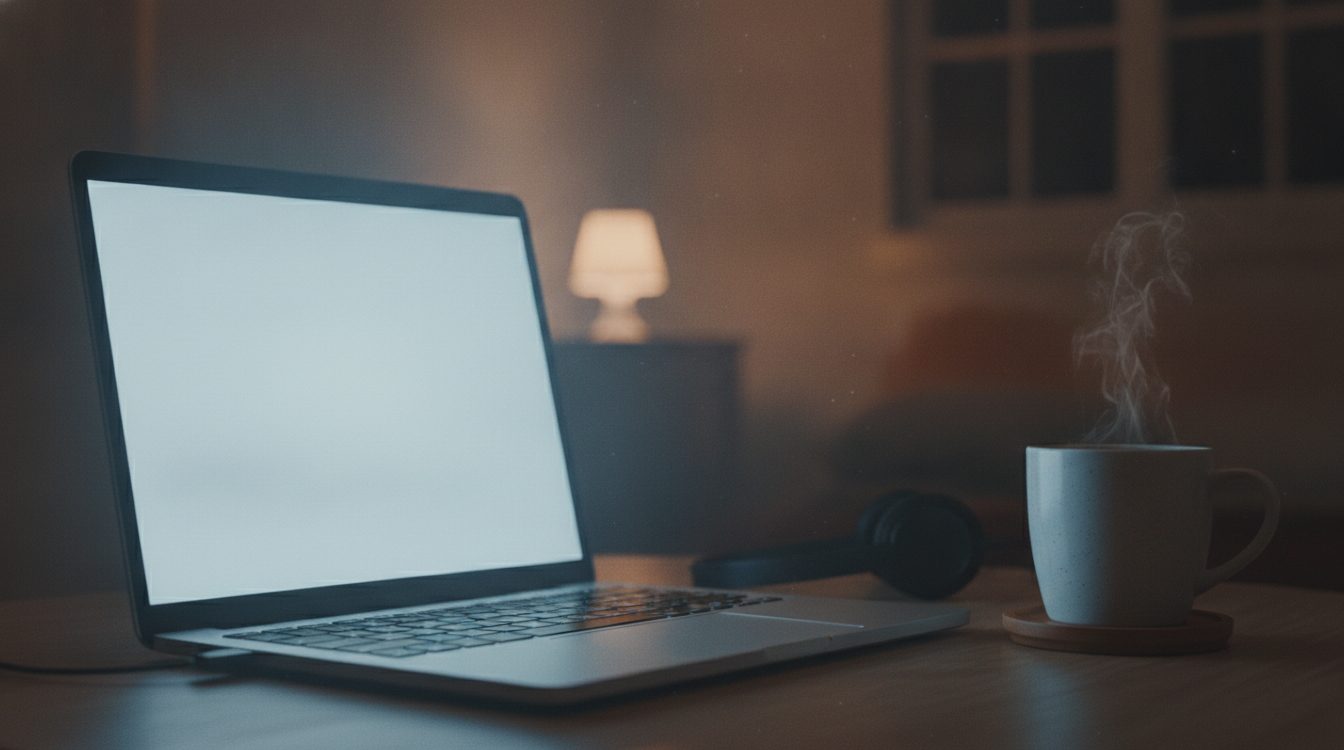 A laptop with a blank screen glowing in a dim room beside a steaming mug