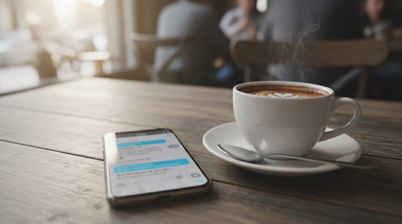 A phone on a café table showing a message thread, beside a cup of coffee, during an early talking stage