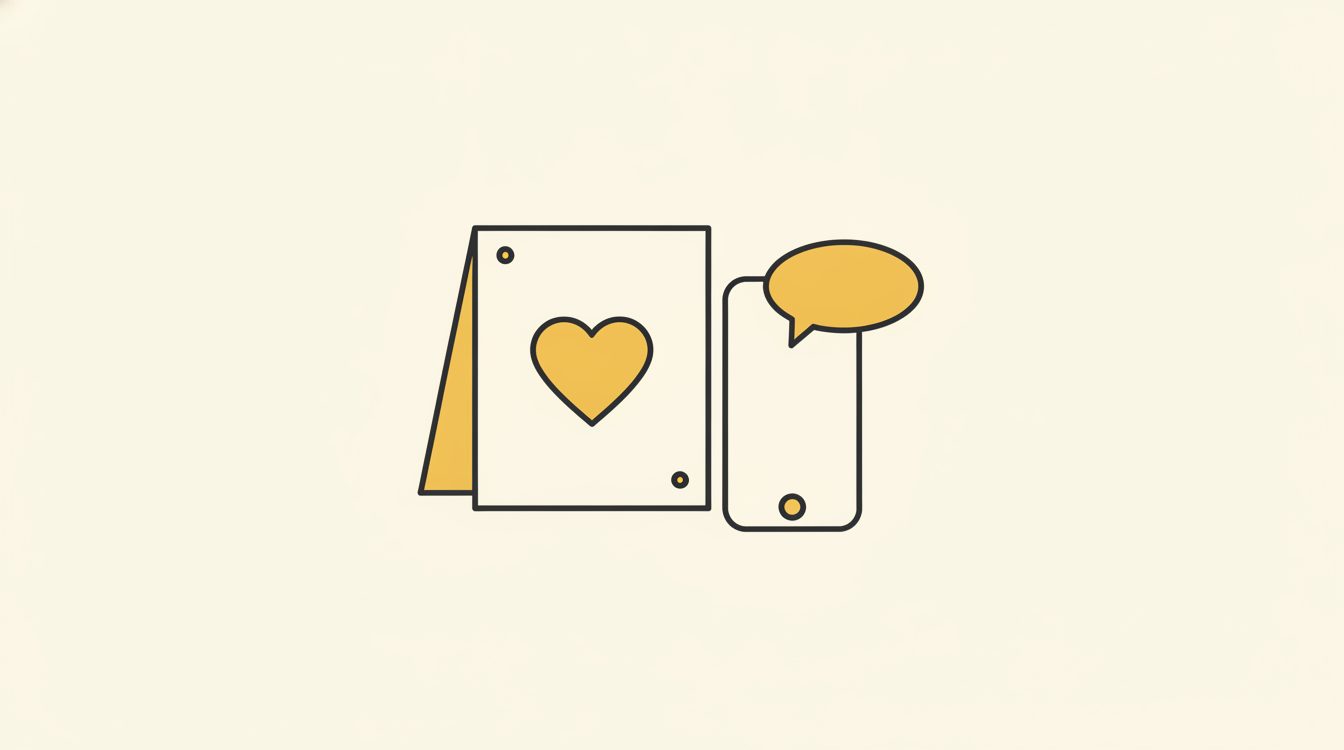 A folded paper note with a small heart beside a phone on a wooden desk