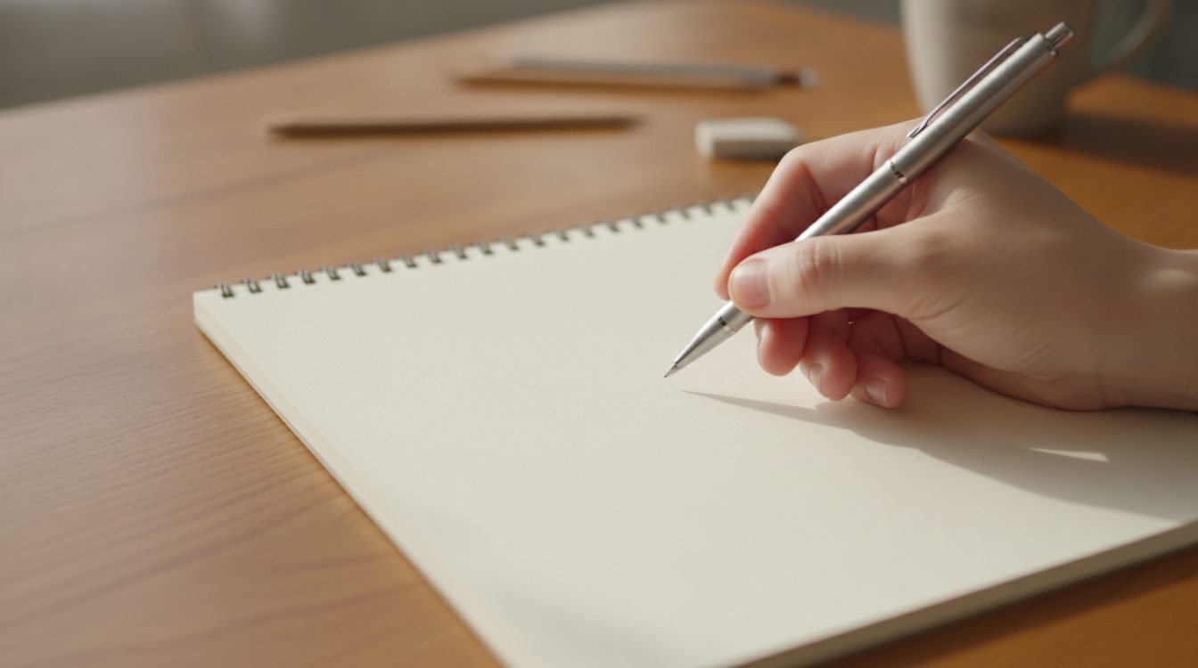 A hand holding a pen above a blank notebook page on a wooden table