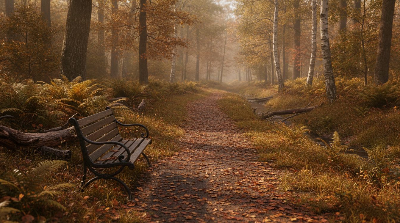 A quiet footpath through autumn woodland with a single bench