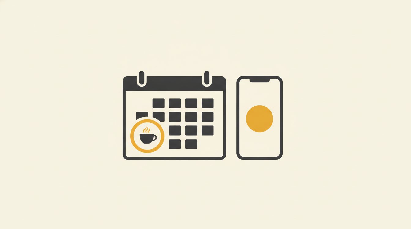 A calendar with one day circled and a small coffee cup icon, beside a phone on a cream background