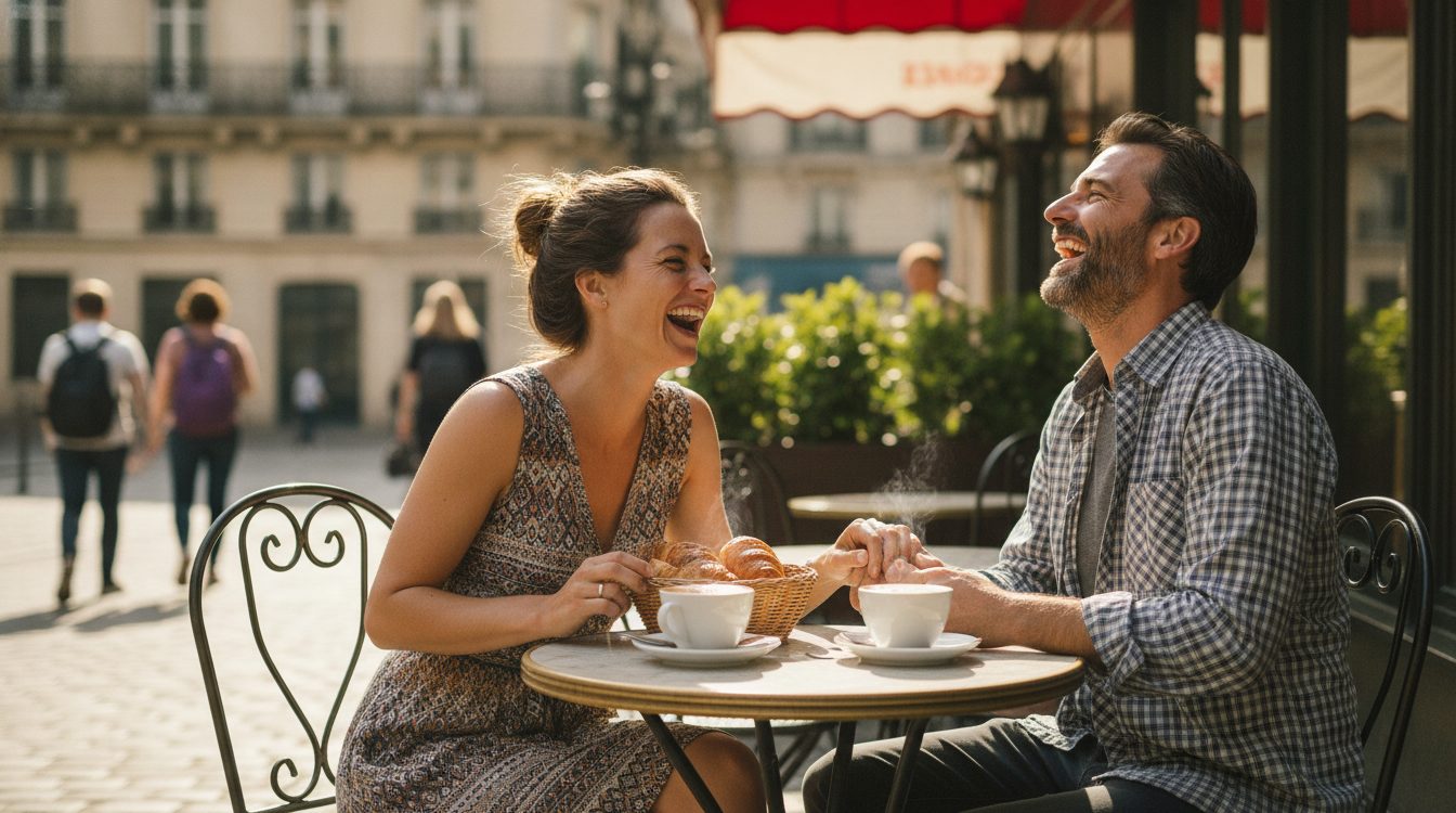 A couple laughing at a sidewalk café table with two coffee cups