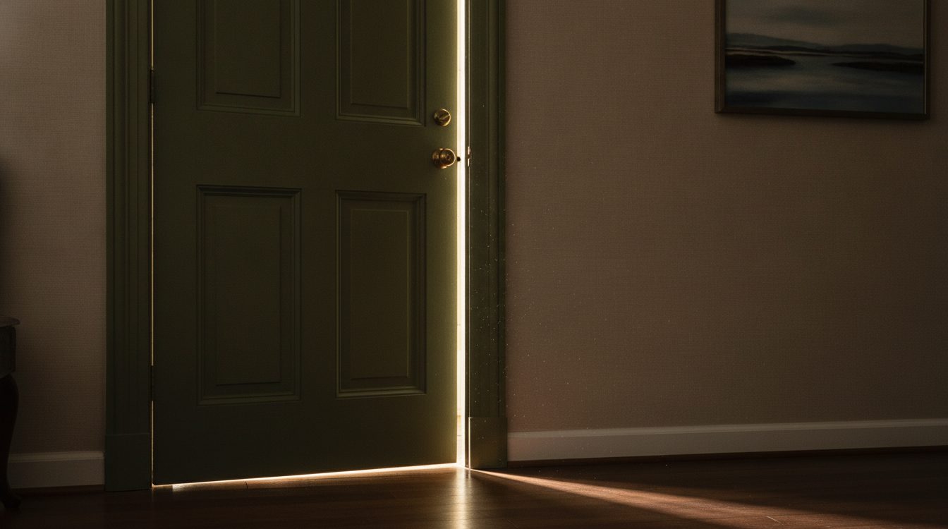 A door left slightly ajar with warm light spilling into a dim hallway, the push and pull of avoidant attachment