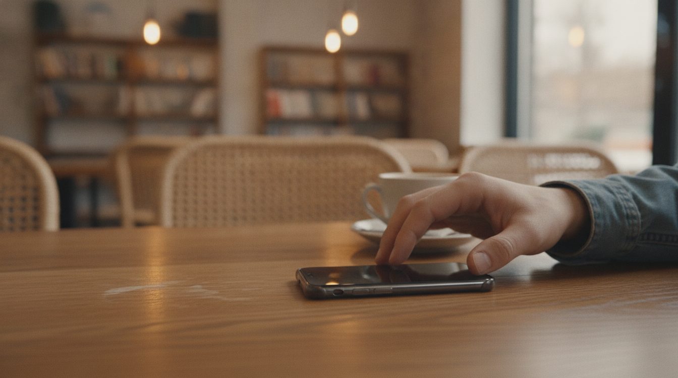 A hand placing a phone face down on a wooden table in a quiet café