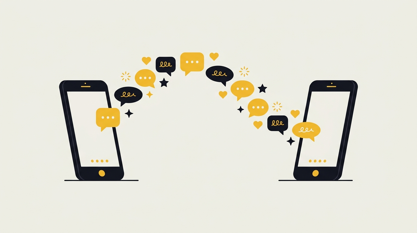 Illustration of a playful, flirty text conversation with warm message bubbles bouncing back and forth between two phones