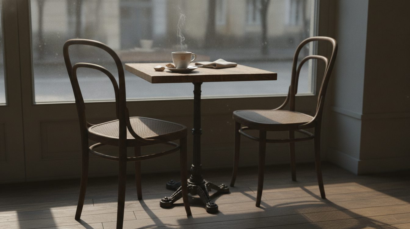 A cafe table set for two with one coffee and the opposite chair empty and pushed back, the quiet of being ghosted