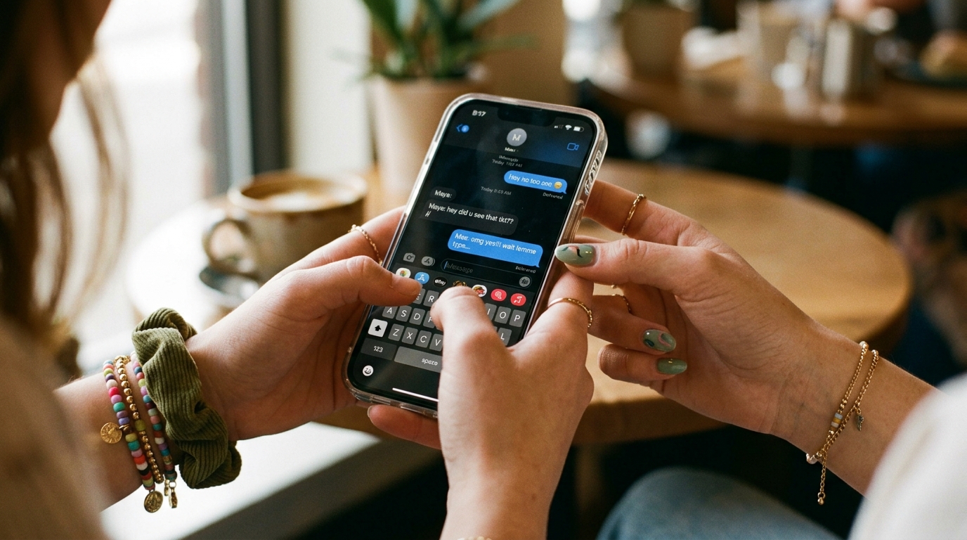 Close-up of hands typing a reply to a flirty text message on a phone