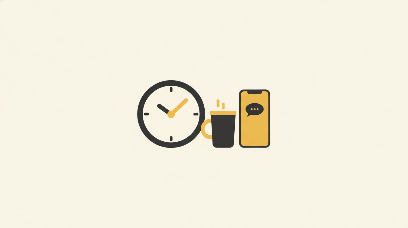 A simple clock and a coffee cup beside a phone with a small chat bubble