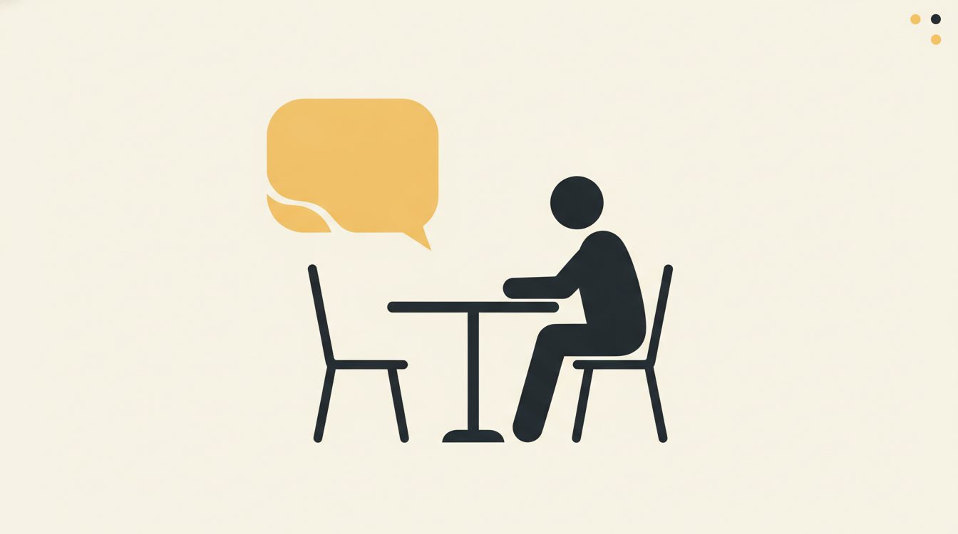 A yellow speech bubble drifting gently toward a quiet silhouette across a table