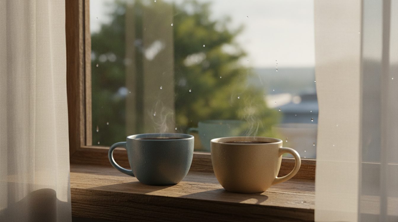 Two coffee cups on a window ledge in soft morning light