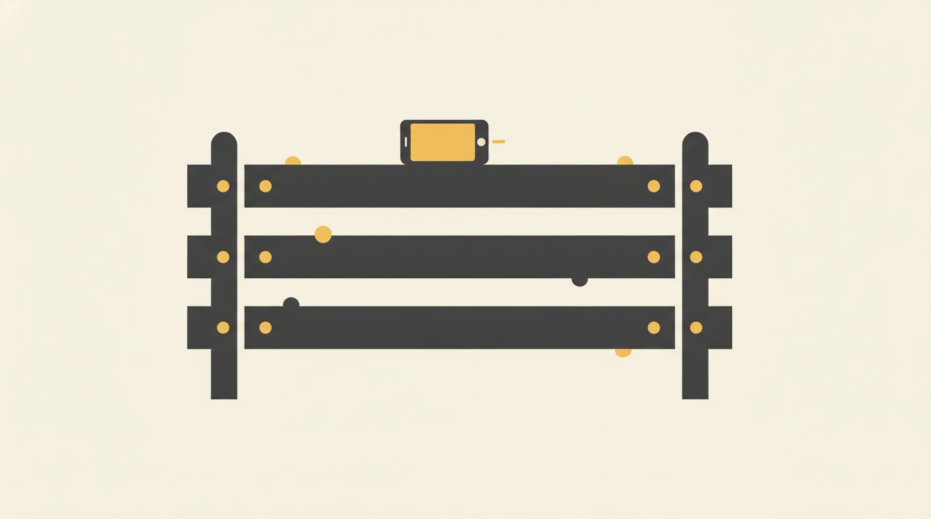 A simple wooden fence with a small phone resting on top on a calm cream background