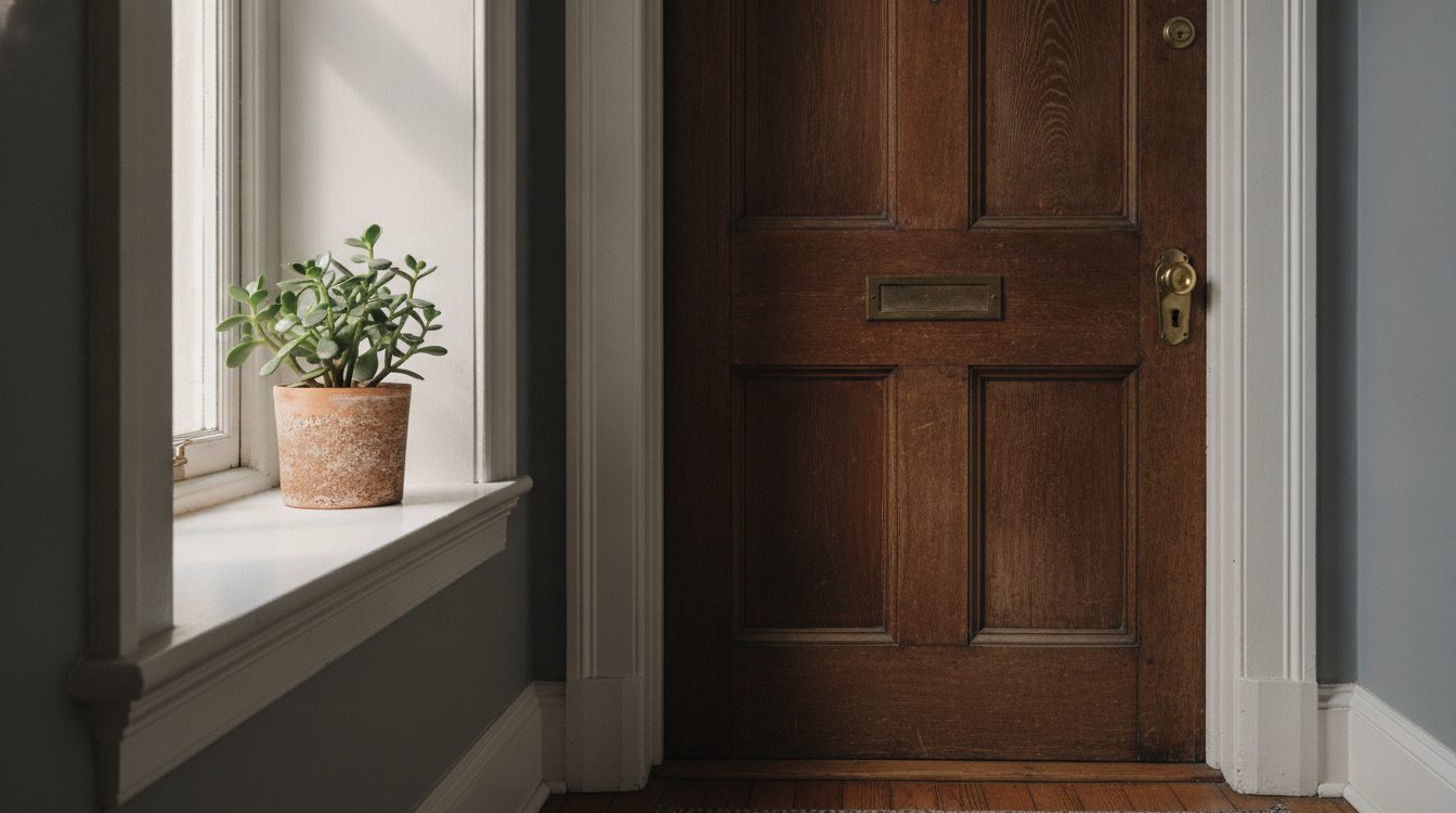 A closed wooden door of a quiet apartment with a small plant on the windowsill