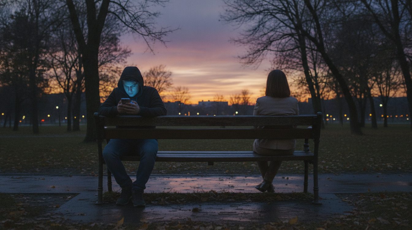 Two people sitting at opposite ends of a park bench at dusk, one looking at a phone