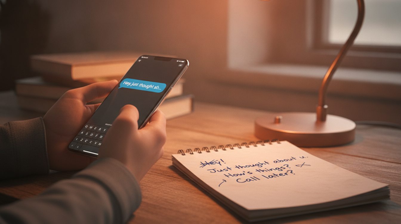 A phone with a half-typed message beside a notepad with a rough draft, showing a text being rewritten