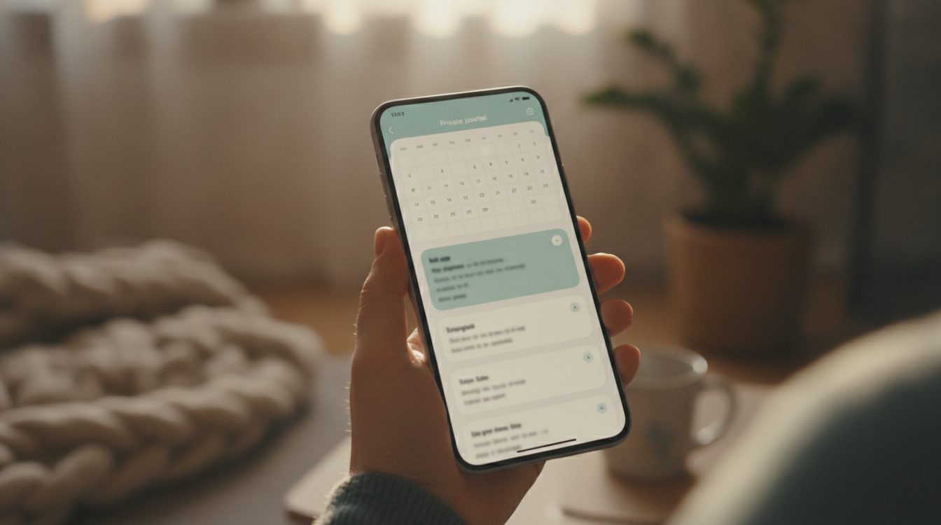 Photo of a smartphone showing a private journal or diary app interface, held in soft natural light
