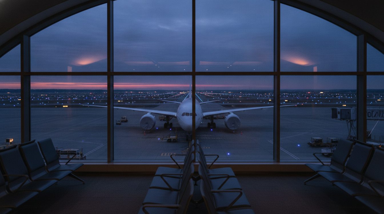 An airport window at dusk with an aircraft parked at the stand and empty waiting-area seats in the foreground