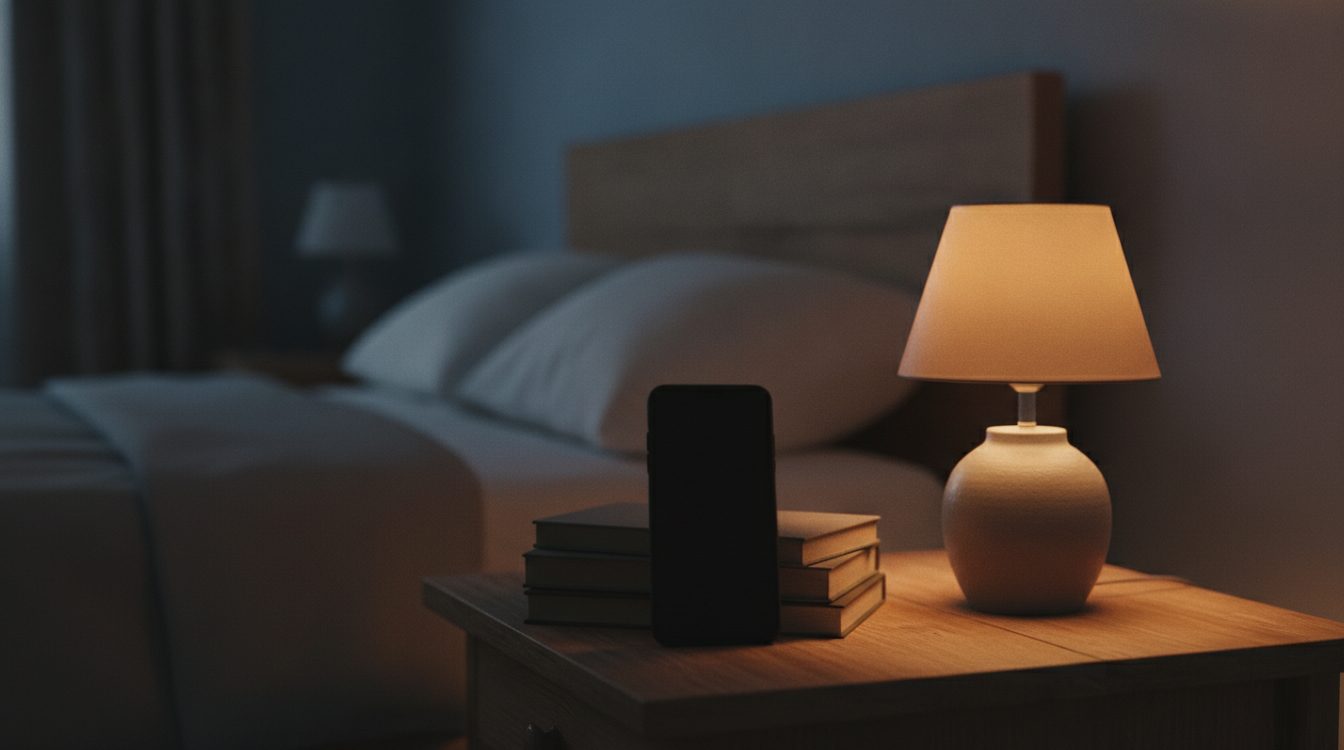 A phone on a bedside table at night beside an untouched pillow, the ritual long distance relationship apps are built around
