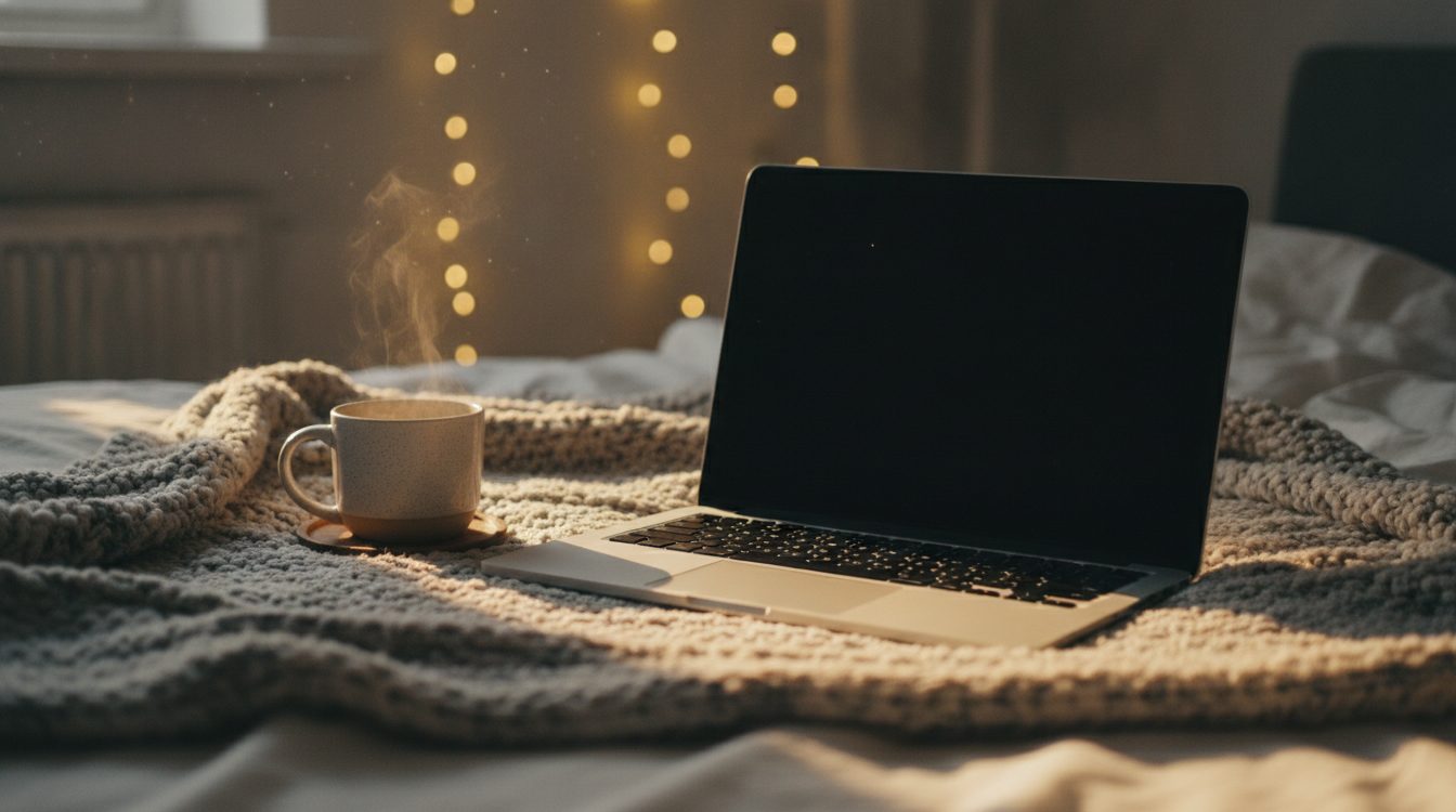 An open laptop on a bed with a blanket and a mug of tea, fairy lights blurred on the wall behind