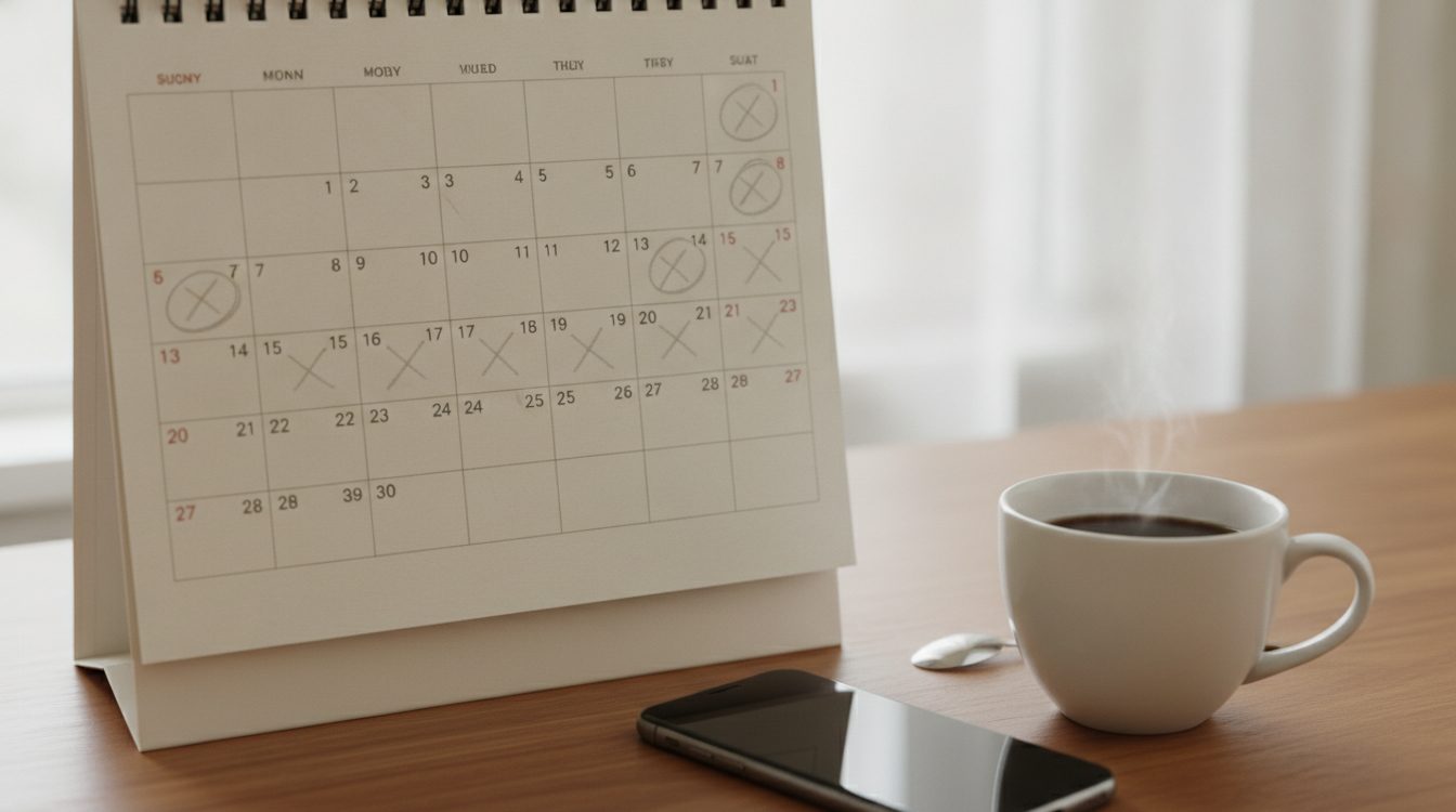 A wall calendar with several days marked in pencil, beside a phone and a coffee cup, showing a busy week