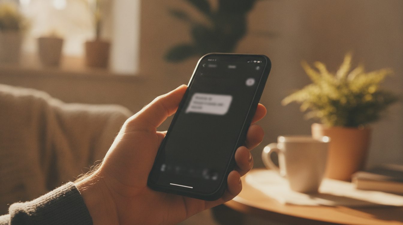 Close-up photo of a hand holding a smartphone mid-text, soft natural window light, partner's silhouette blurred in the background