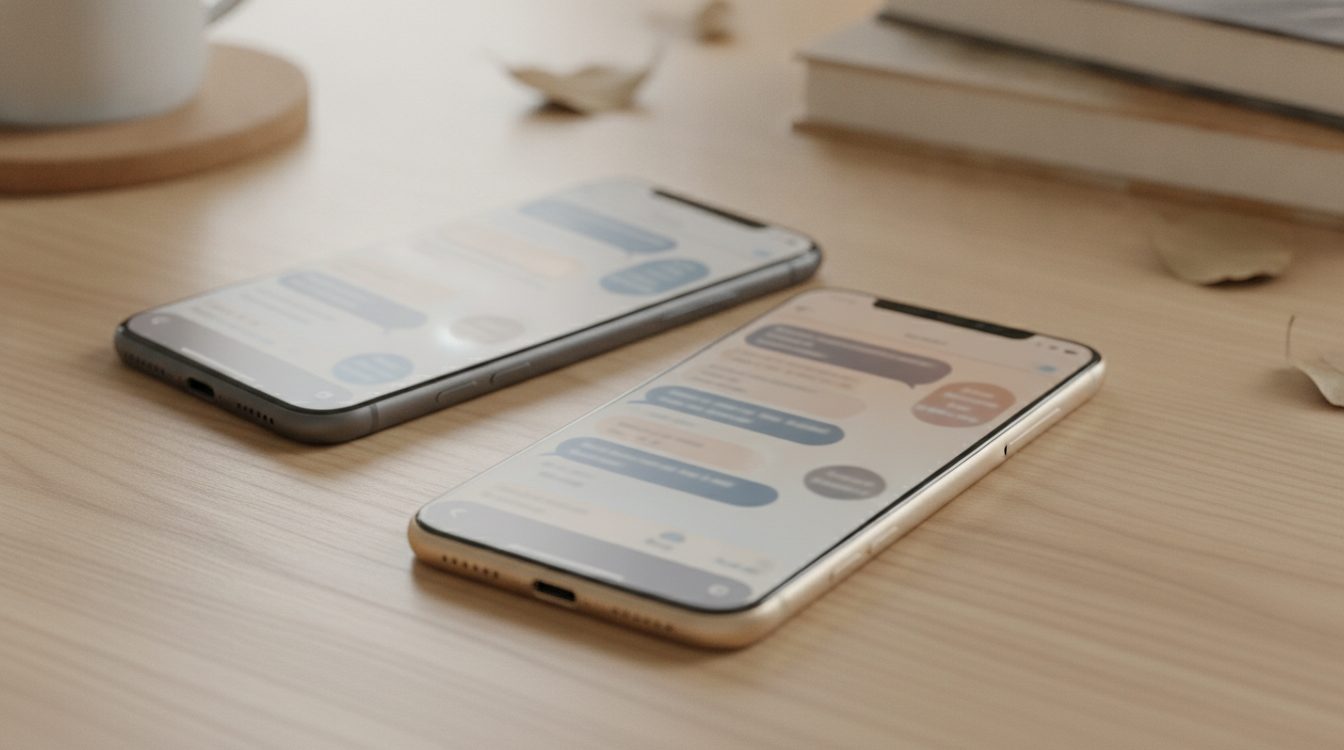Photo of a smartphone screen showing a messaging conversation, held in soft natural light