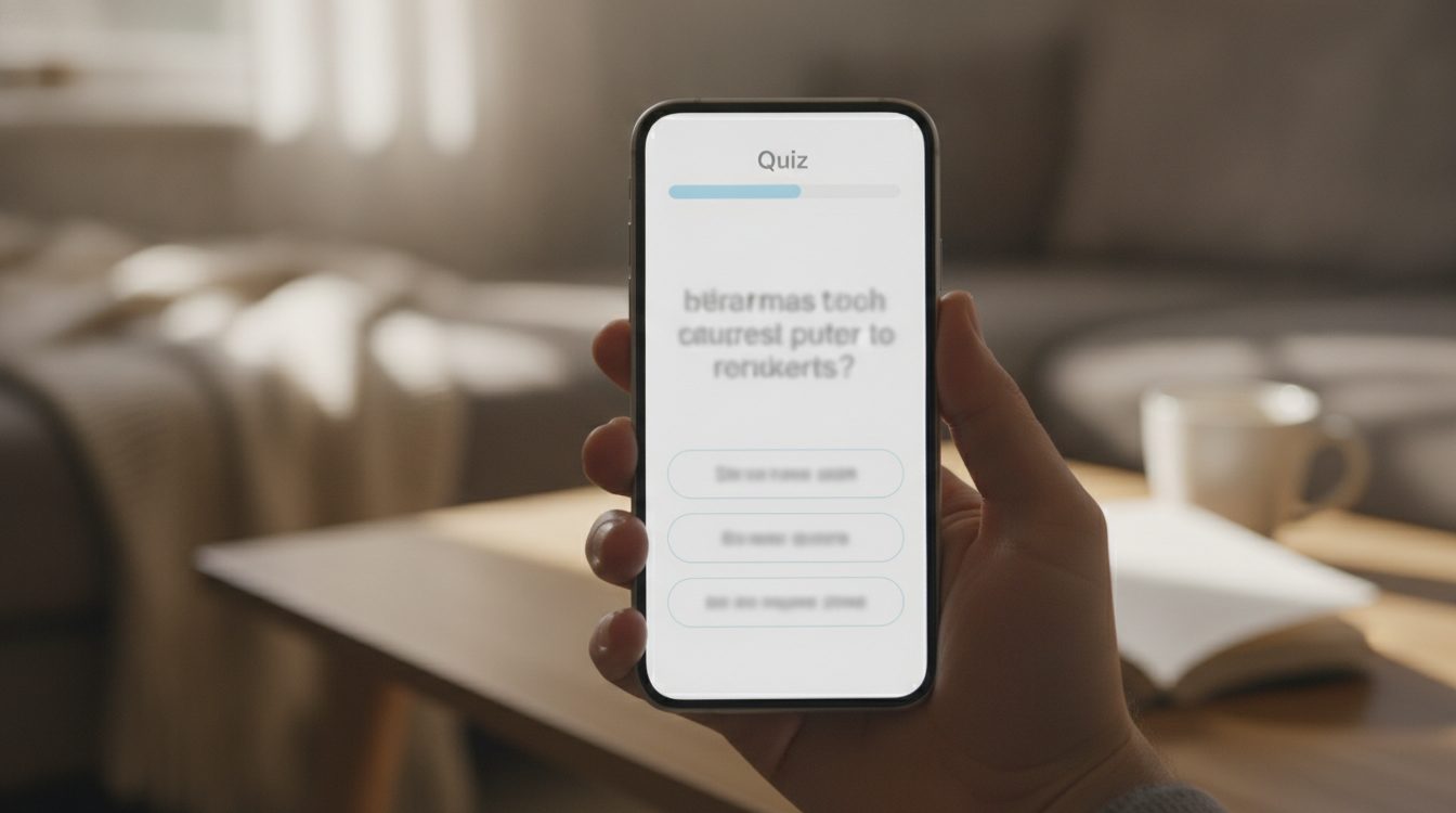 Photo of a hand holding a smartphone displaying a quiz question screen, soft natural light