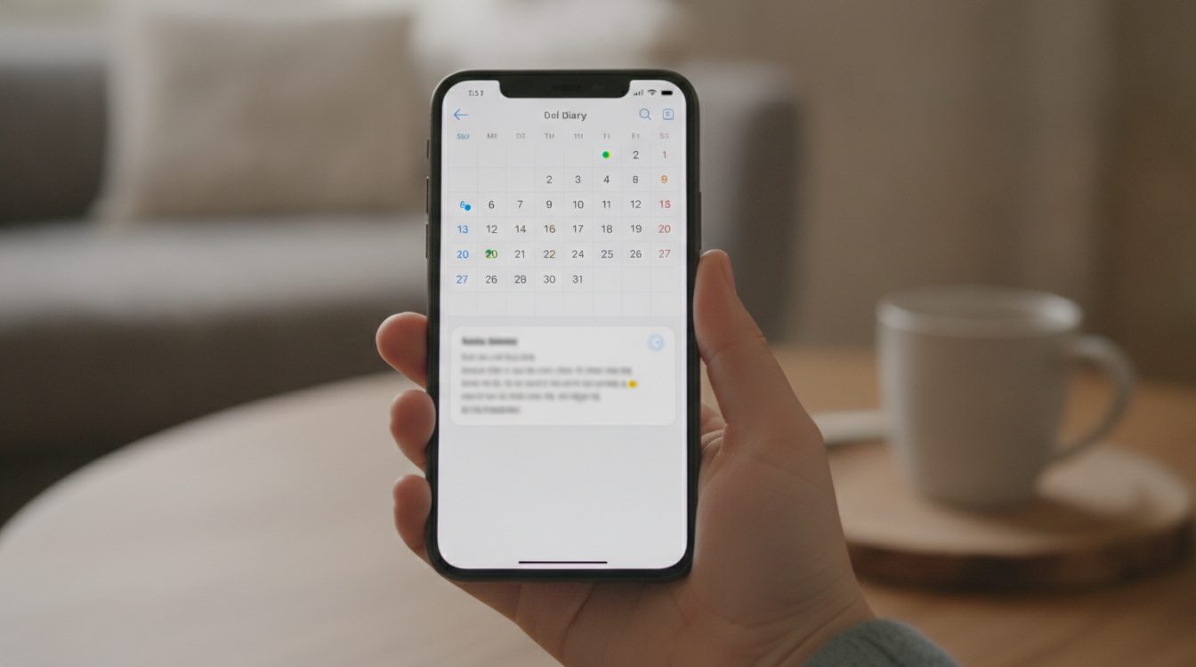 Photo of a hand holding a smartphone displaying a diary app with a mood calendar view