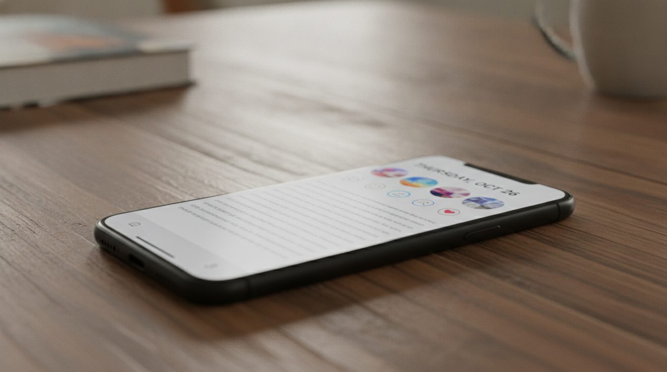 Photo of a smartphone showing a diary entry screen with a calendar and mood tags, held in soft natural light