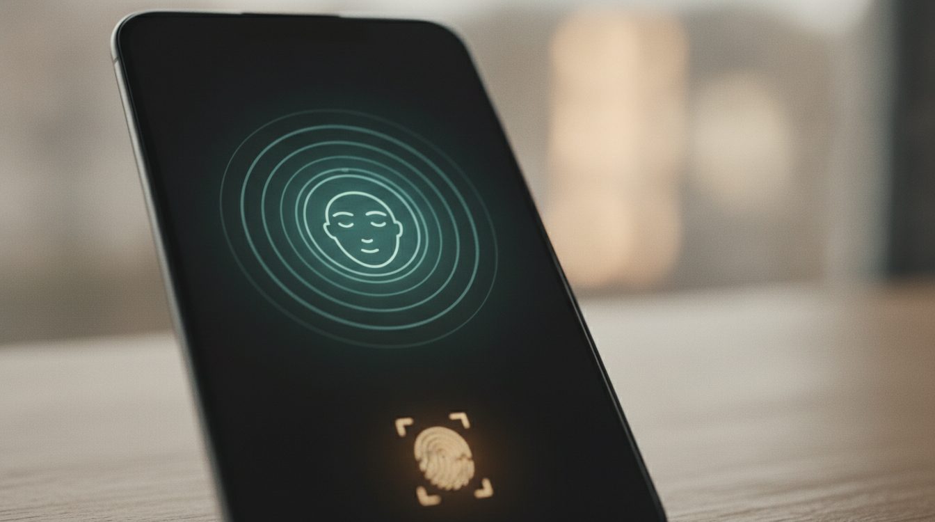 Photo of a smartphone showing a Face ID or fingerprint unlock prompt, held in soft natural light