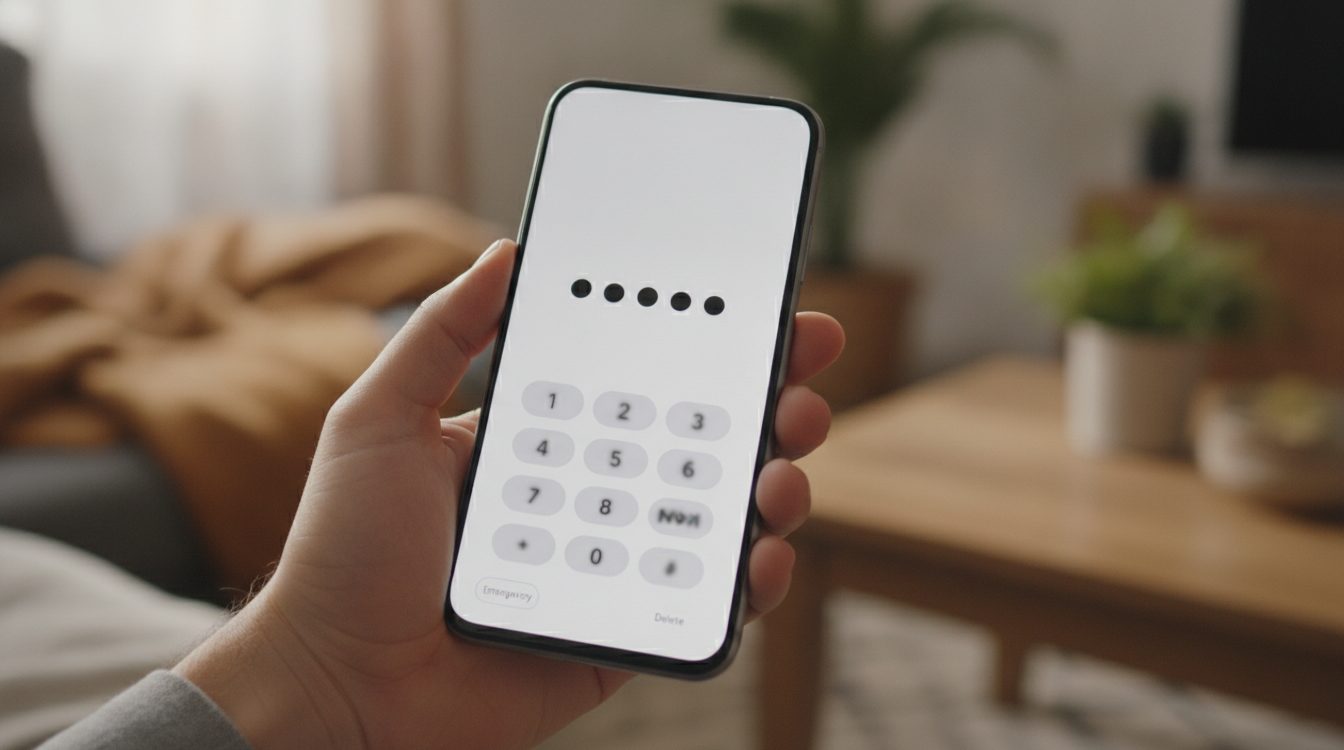 Photo of a hand holding a smartphone displaying a PIN entry screen with a numeric keypad, soft natural light
