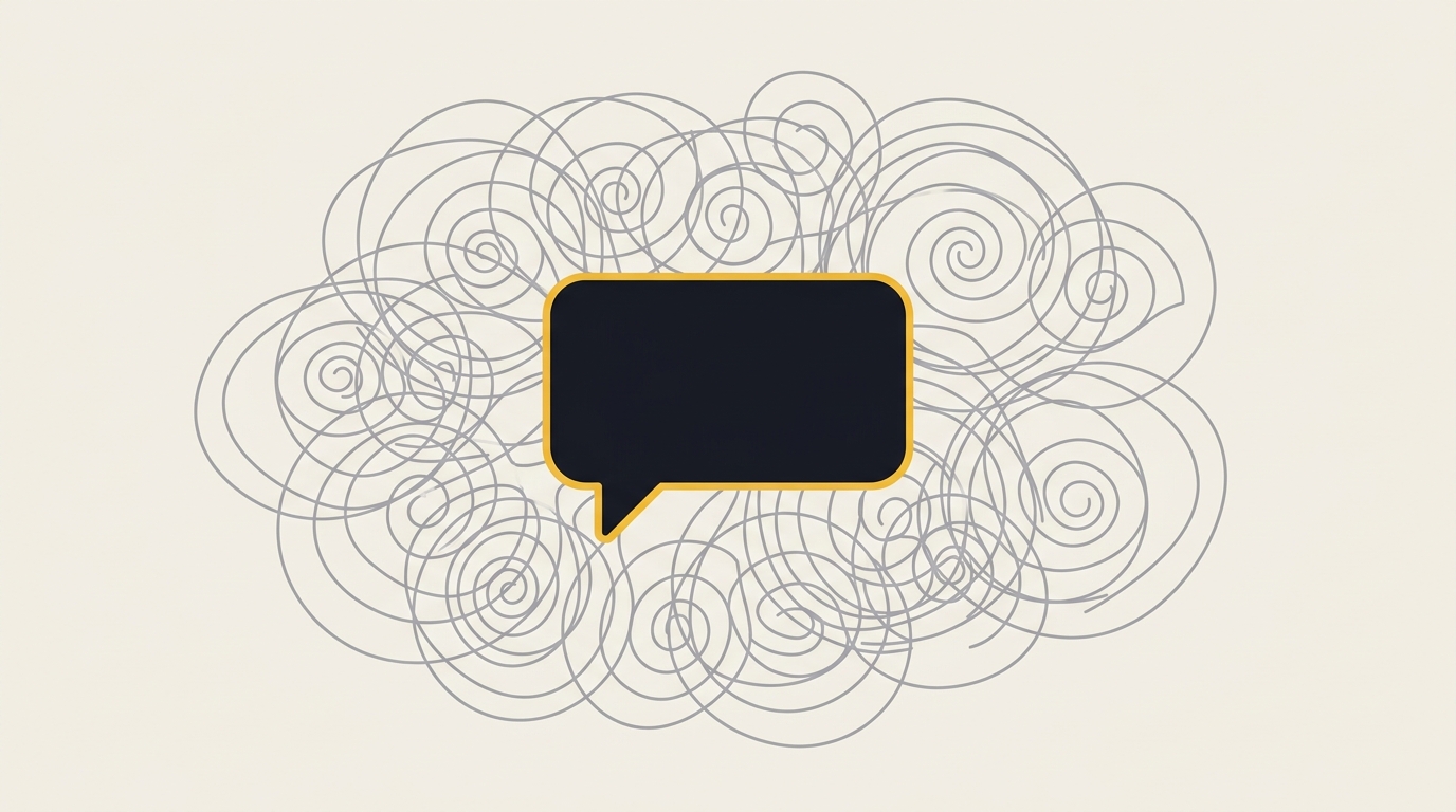 Illustration of a single text message bubble surrounded by a tangled cloud of overlapping thought lines, representing overthinking a text
