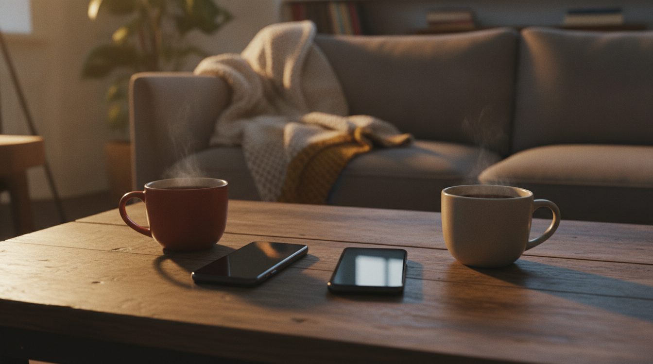 Two phones and two mugs of tea on a coffee table in warm lamp light, the setting question apps for couples are designed for