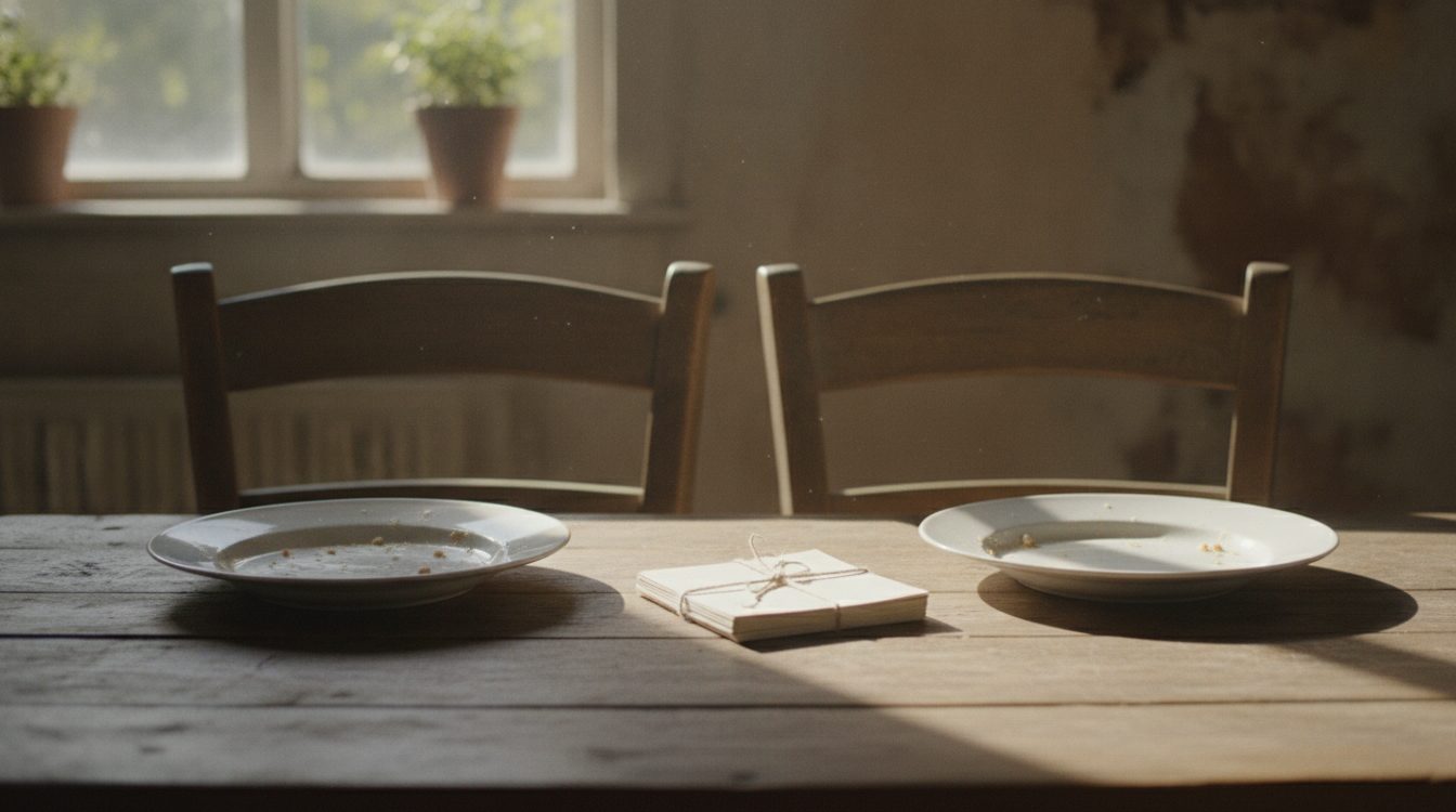 A worn kitchen table in morning light with two chairs pulled close together and a small stack of note cards between them